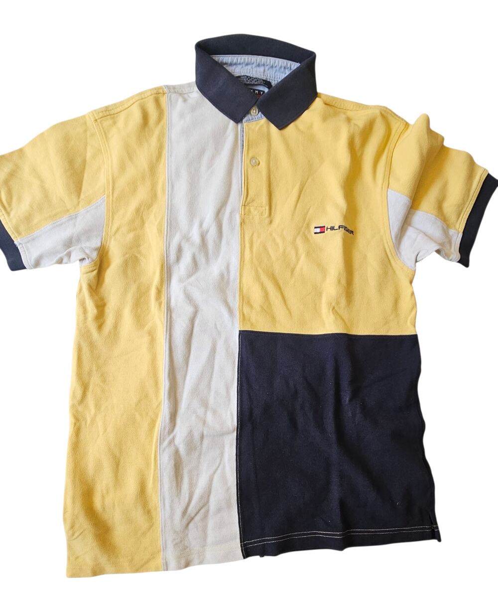 Tommy Hilfiger Polo Shirt Color Block Yellow Navy White Vintage 90s Logo Size S